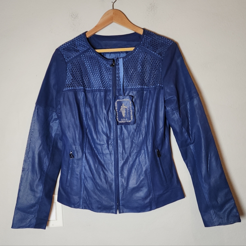 NWT My Tribe 100% Genuine Leather Blue Perforated Zip Jacket Size Large